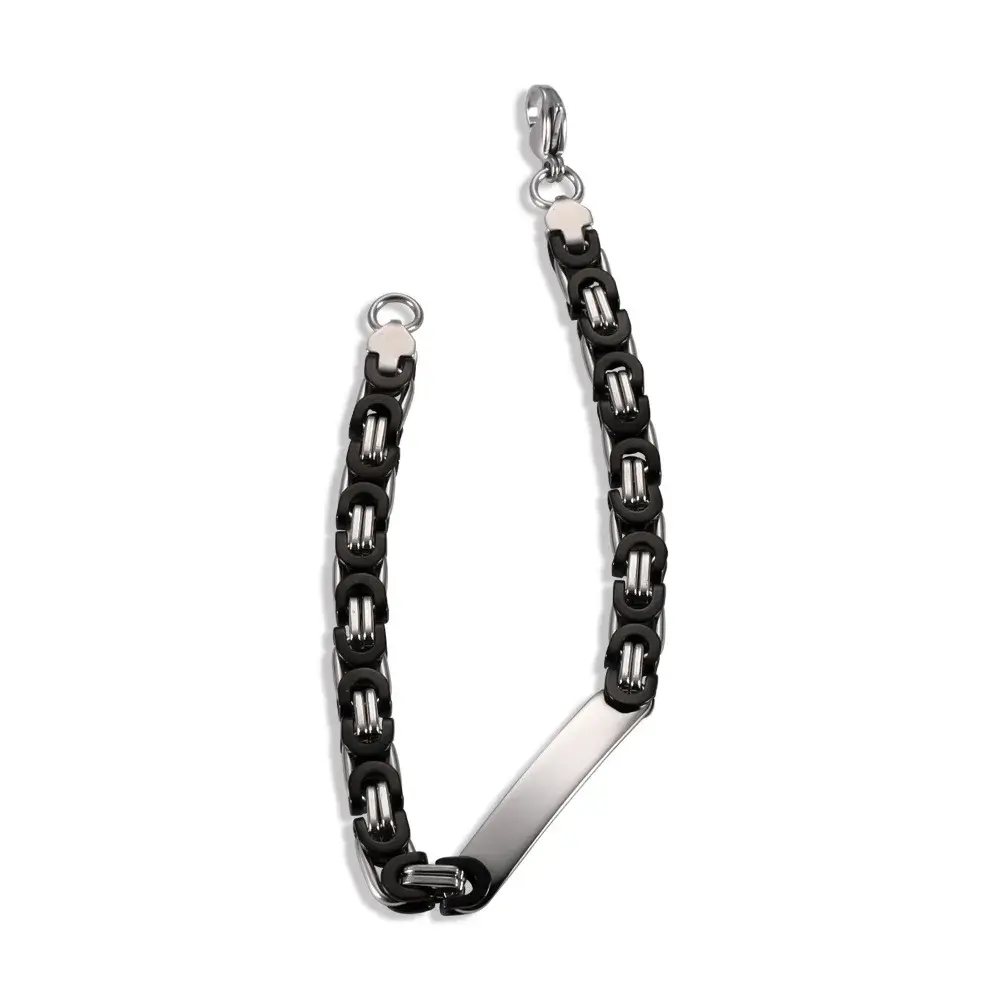Black and silver chain bracelet with a metal plate.