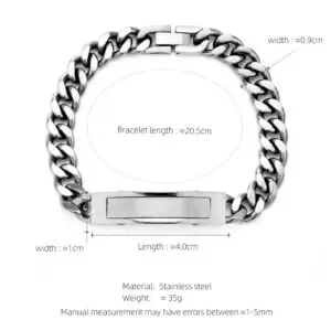 Silver bracelet with a modern, sleek design and engraved plate.