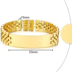 Gold-colored metal bracelet with a nameplate and measurements.