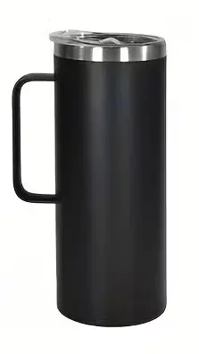 Black cylindrical mug with a handle on a white background.