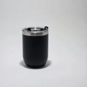 Matte black insulated can-shaped tumbler with straw