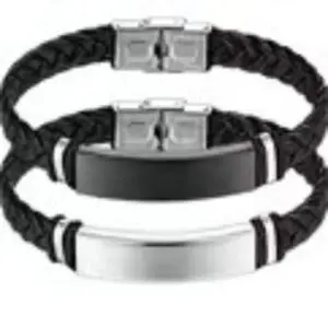 Three stylish black braided leather bracelets with metal clasps and plates.