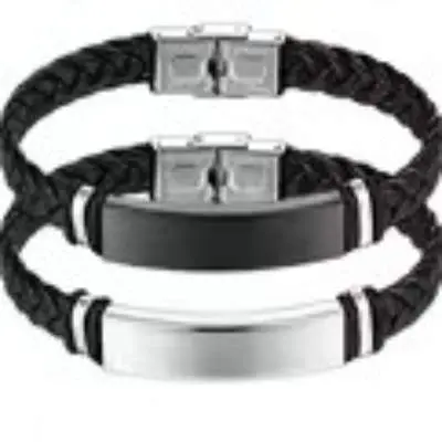 Three stylish black braided leather bracelets with metal clasps and plates.
