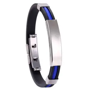 Stylish black and blue bracelet with a metal clasp and plate.
