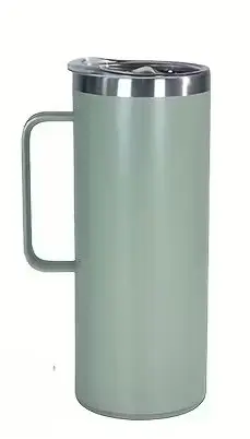 Tall green insulated travel mug with handle and lid.