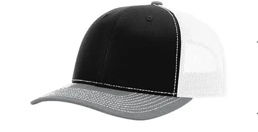 Black and white trucker cap with gray brim and white stitching.