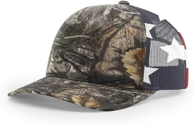 A camouflage-patterned baseball cap with mesh back and adjustable strap.