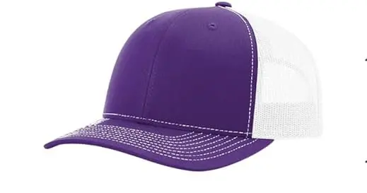 Purple and white mesh trucker hat with contrast stitching.
