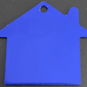 Blue house-shaped keychain with a small hole for attachment.