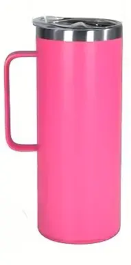 Tall pink thermos with a handle on the side.
