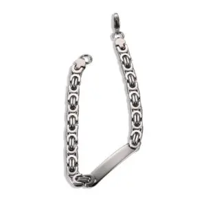 Silver chain bracelet with intricate patterns and clasp.