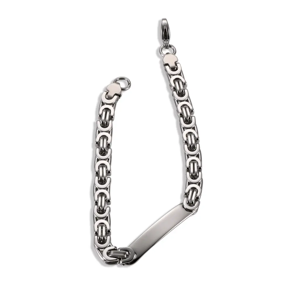Silver chain bracelet with intricate patterns and clasp.