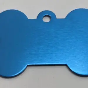 Blue bone-shaped pet ID tag with a hole for attachment.