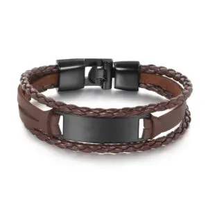 Stylish brown leather bracelet with black metal clasp and plate.