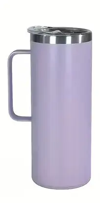 Tall lavender mug with a gray handle on a white background.