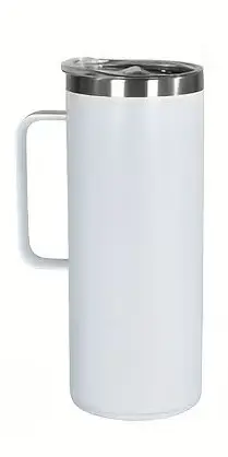 Tall white ceramic mug with a handle on a plain white background.