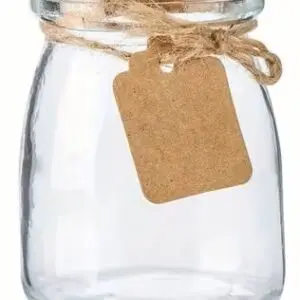 Clear glass jar with a brown tag and twine on top.