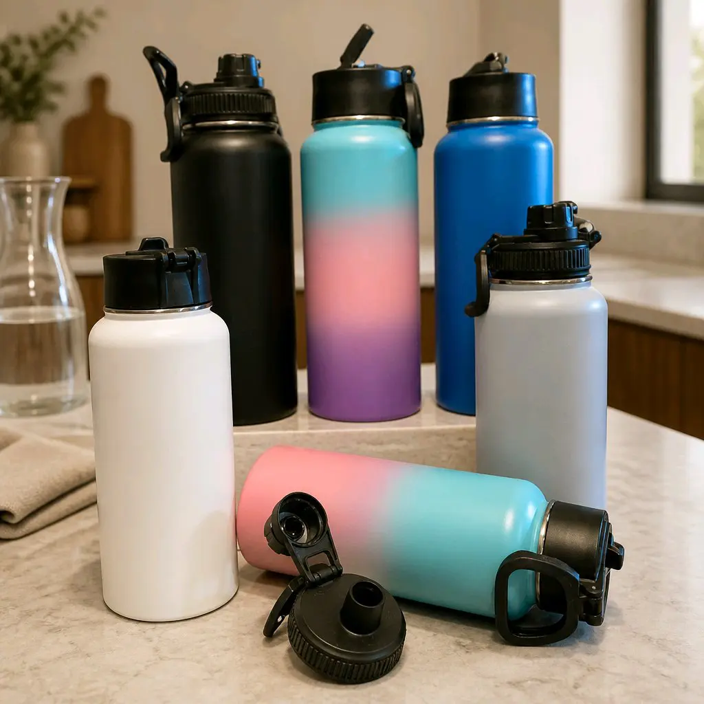 Personalized 32oz Stainless Steel water Bottle, w/2 lids Multicolor