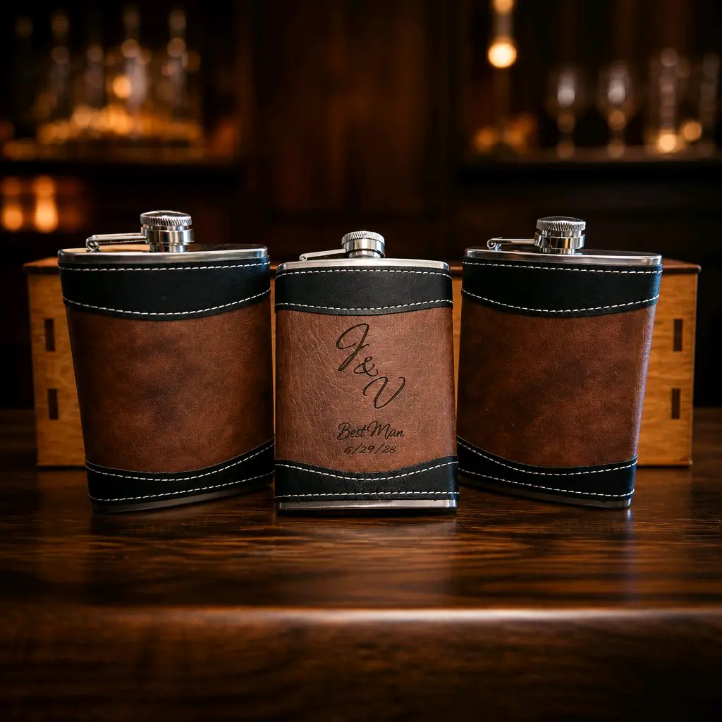 Personalized 8 oz Leather Hip Flasks with funnel