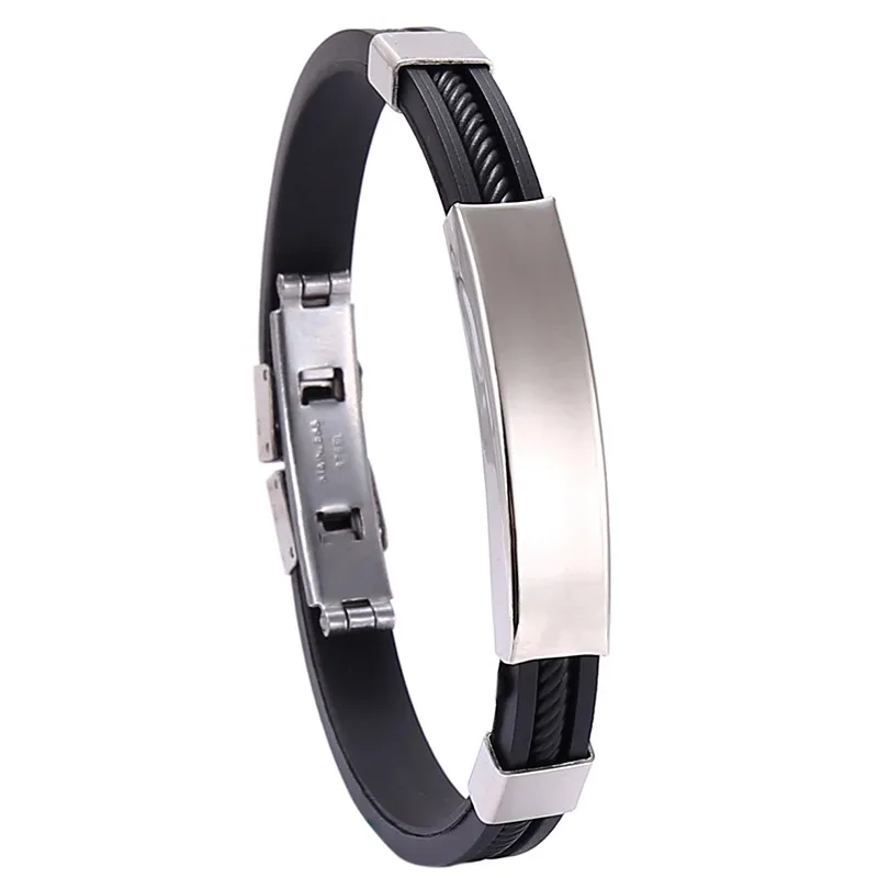 Sleek black and silver men's bracelet with a metallic plate.