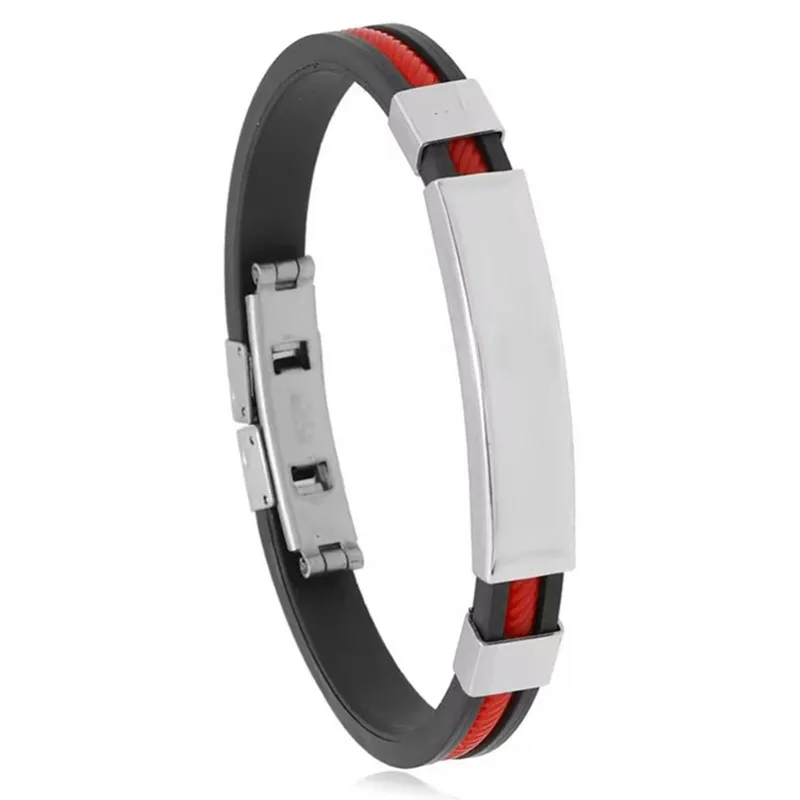 Stylish black and red bracelet with a silver plate.
