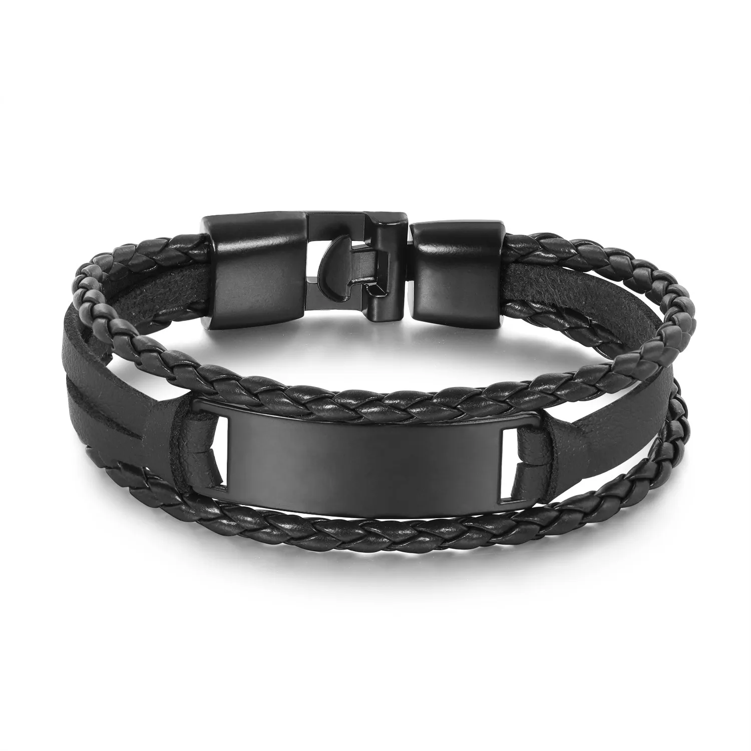 Black braided leather bracelet with a metal plate and clasp.