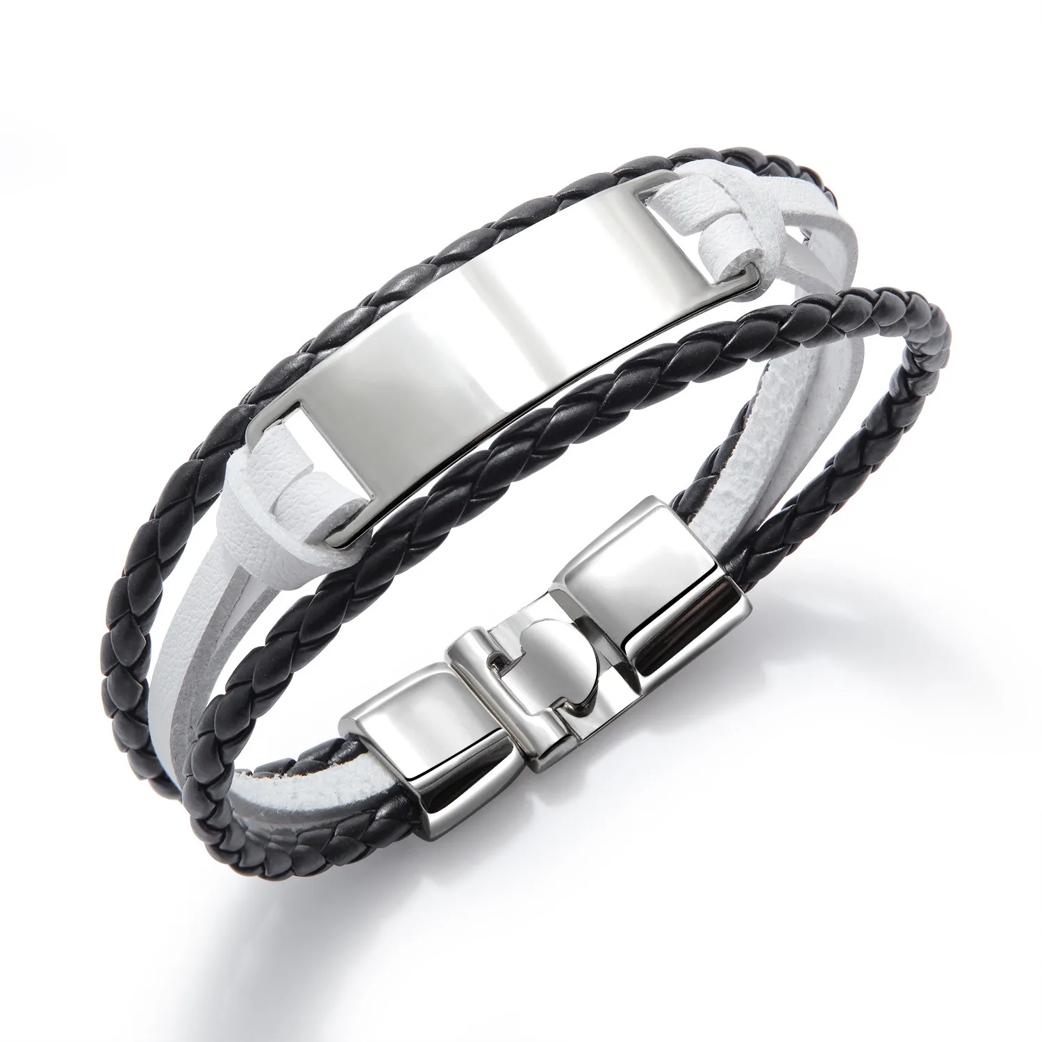Stylish black braided leather bracelet with a silver clasp.
