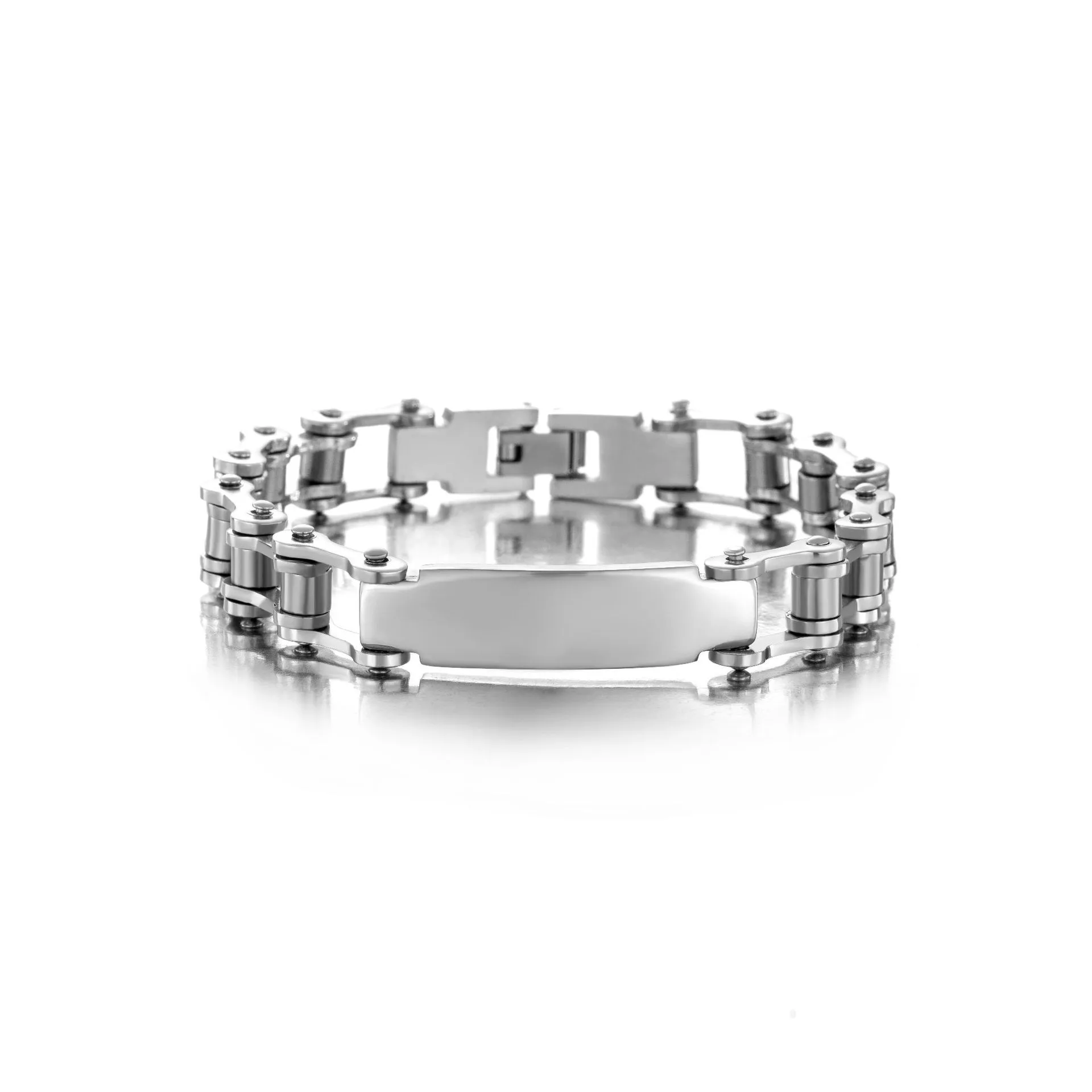 Sleek silver men's bracelet with a polished plate and link design.