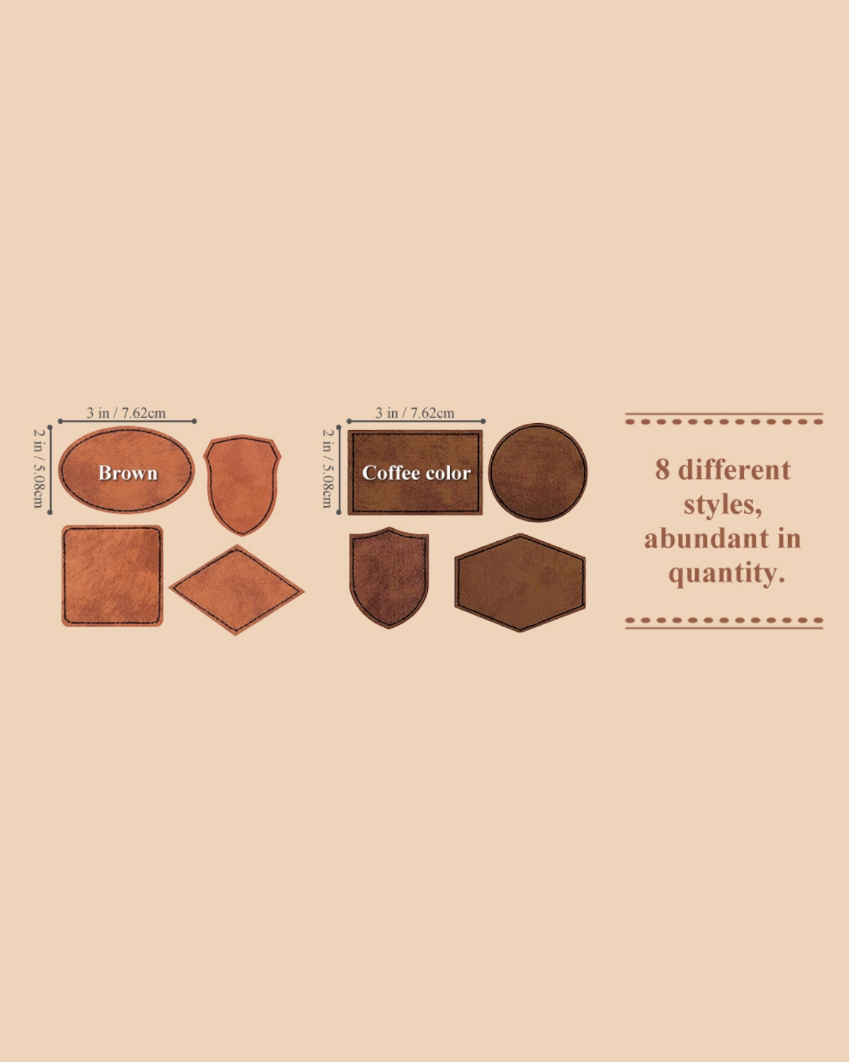 Various leather swatches in different shapes and colors on a beige background.
