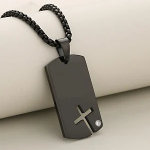 Black dog tag necklace with a cross pendant.