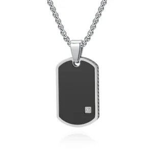 Silver dog tag pendant necklace with black center and small square detail.